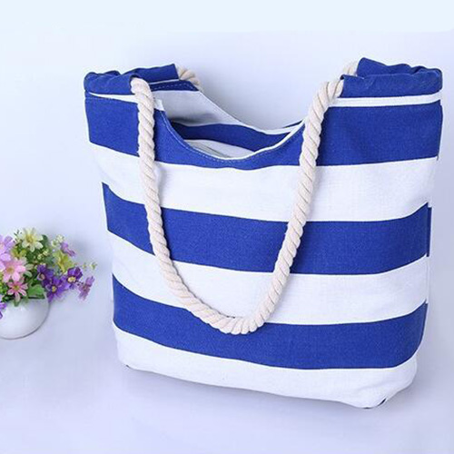 stripe canvas beach tote bag with ropes